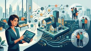 Современная иллюстрация трендов CRM для риелторов 2026 года в стиле гиперперсонализации и технологий.